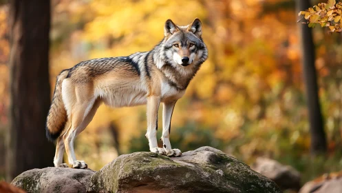 Wild forest wolf stands calmly on sunlit autumn rocks
