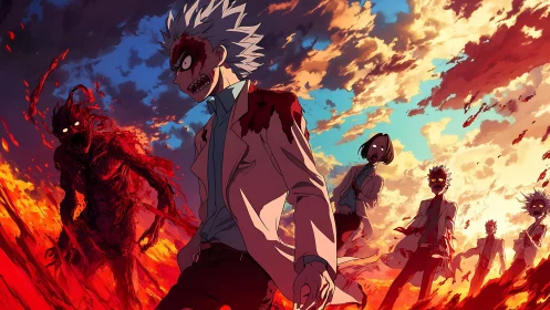 Fierce anime hero strides through a blazing, haunted sunset.