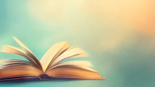 Open hardcover book lies flat with pages fanned upward