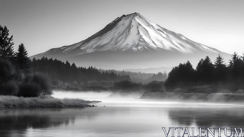 Snow-capped stratovolcano above river and forest in foggy light.