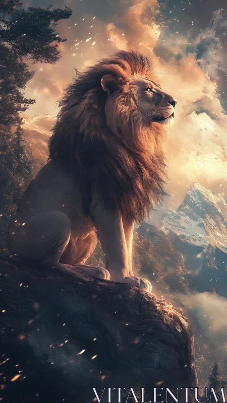 Majestic lion on cliff in cinematic fantasy digital painting.