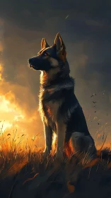 German shepherd sits in tall grass under warm sunset light
