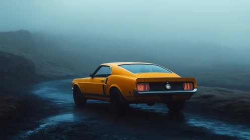 Yellow muscle car waits on misty mountain road at dusk