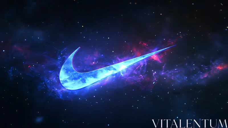 Glowing swoosh logo rendered within a stylized cosmic field