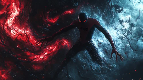 Dynamic spider-suited figure between turbulent red and cyan energy fields