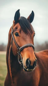 Soft-eyed chestnut horse quietly studies the windy pasture