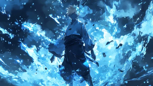 Anime fighter stands in swirling blue energy explosion