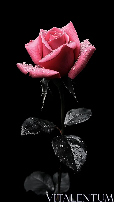 Pink Rose Blooms Against Dramatic Darkness and Dewdrops