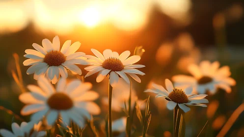 Golden Hour Daisy Cluster: Backlit Compositional Arrangement with Depth of Field.