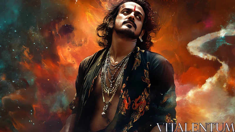 Dramatic celestial portrait with ornate jewelry and nebular backdrop