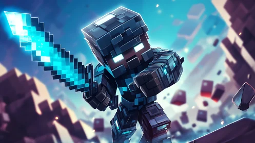 Voxel-style armored character wielding glowing pixel sword.