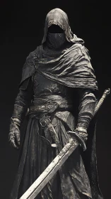 Hooded armored swordsman stands in full-length frontal pose