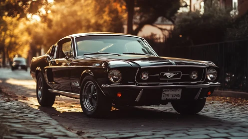 Classic black muscle car parked on sunlit cobblestone street.