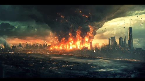 Apocalyptic city skyline consumed by towering firestorm