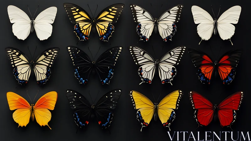 Symmetrical butterfly collection arranged on black background