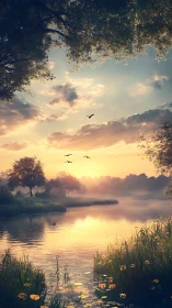 Sunlit river landscape with trees, birds, and mist at dawn.