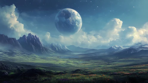 Distant terrestrial planet hovers over expansive grassland valley