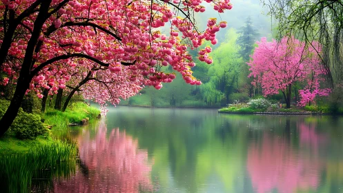 Spring blossom trees reflected along a calm riverside.