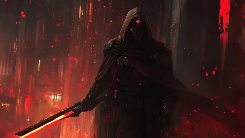 Hooded dark warrior with red energy blade in ruins.