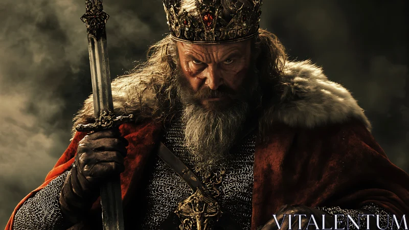 Storm-eyed medieval king gripping a battle-worn sword.