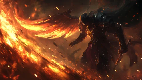 Blazing winged warrior strides through swirling molten fire