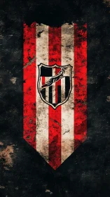 Weathered red white pennant banner with central shield emblem.