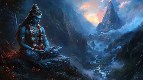 Blue-skinned figure meditates before distant stepped mountain