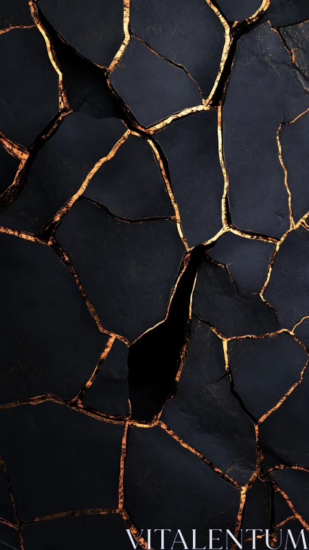 Dark ceramic slab with molten gold kintsugi fracture network