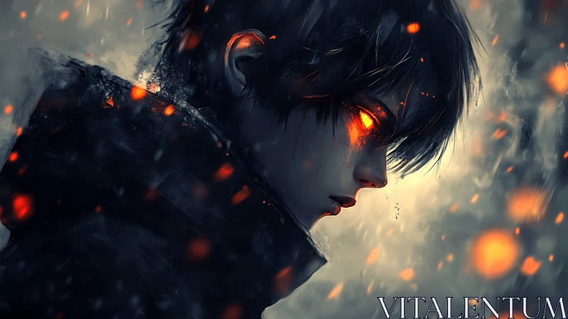 Smoldering gaze of a lone warrior in drifting embers.