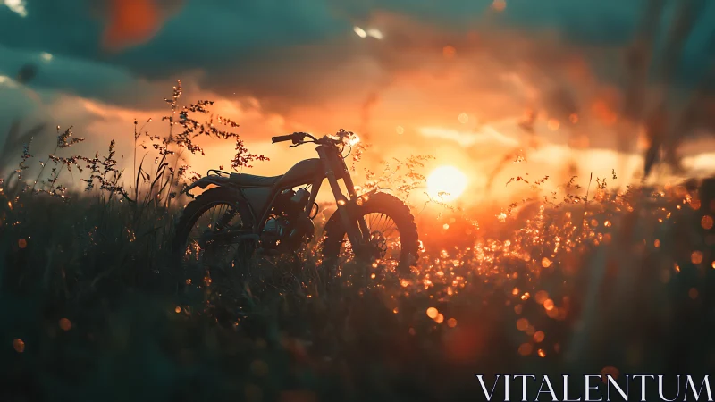 Solitary dirt bike waits in glowing sunset meadow haze
