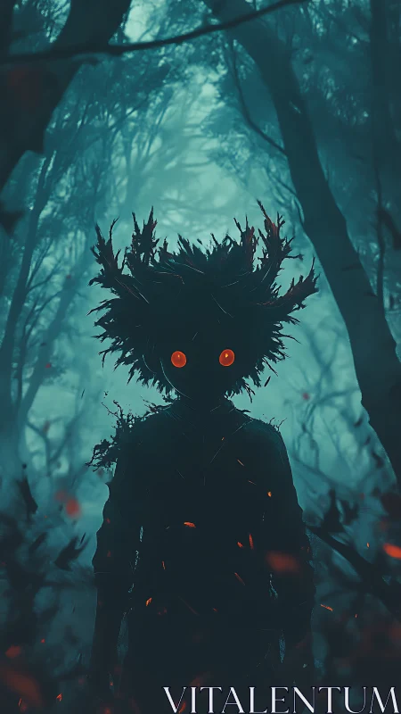 Silhouette figure with glowing eyes in dense blue forest.