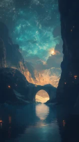Celestial canyon passage with arched stone bridge and reflective water