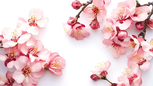 Pink Cherry Blossoms Clustered on Branches Against White