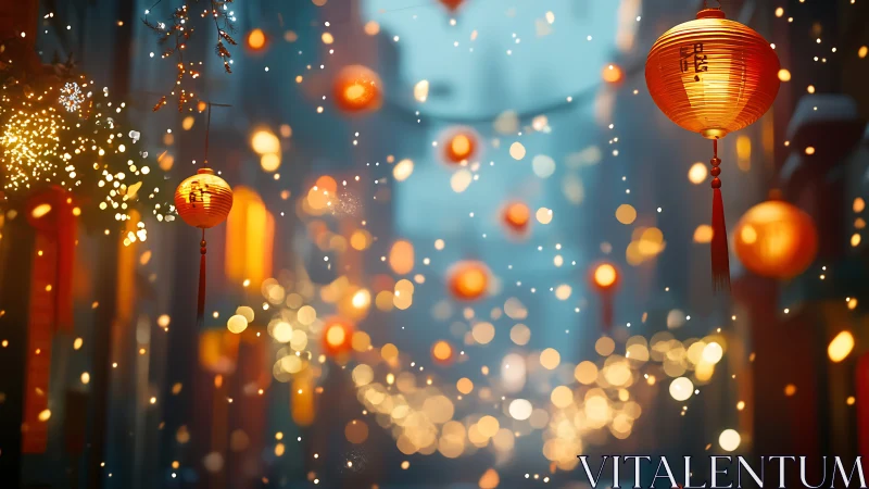 Lantern-lit alley drifts through snowfall and soft bokeh magic.