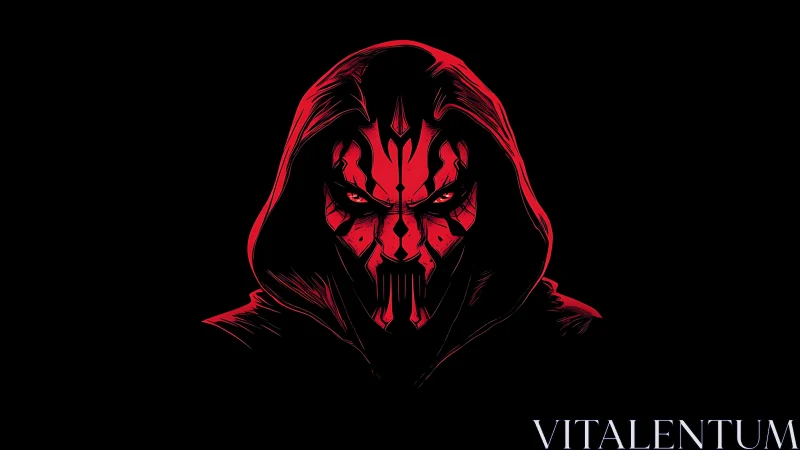 Hooded red demon portrait glows against deep black void