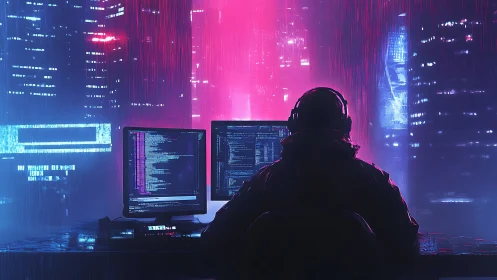 Lone coder at triple monitors in neon cyberpunk city night.