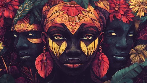 Three tribal portraits merge with dense floral jungle patterns