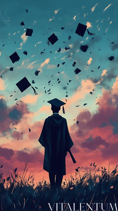 Graduate watches caps rise into a glowing sunset sky