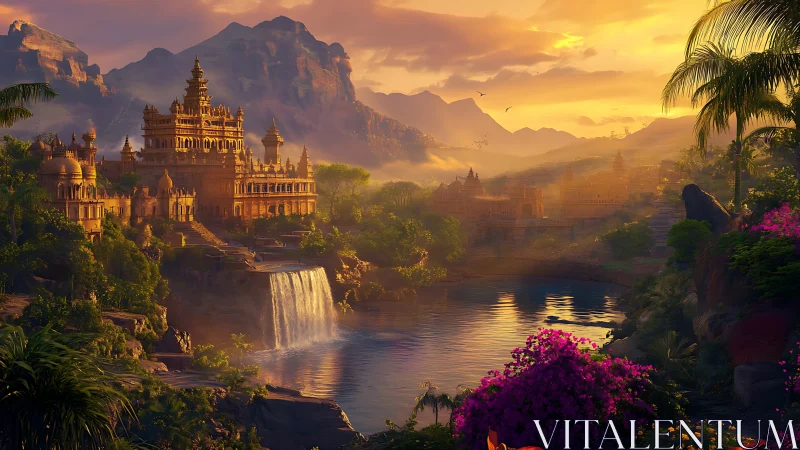 Golden riverside palace glowing in a dreamy sunset valley.