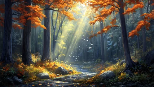 Luminous Forest Canopy: Golden Autumn Through Towering Timber.