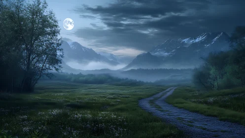 Moonlit mountain path gently invites a quiet night walk