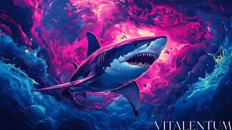 Neon storm shark slicing through cosmic ocean colorfields.