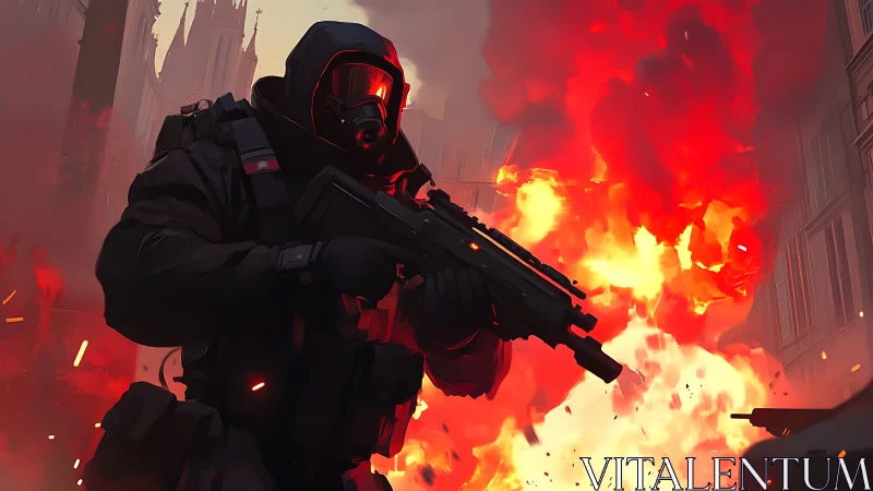 Armored urban soldier advancing through towering firestorm.