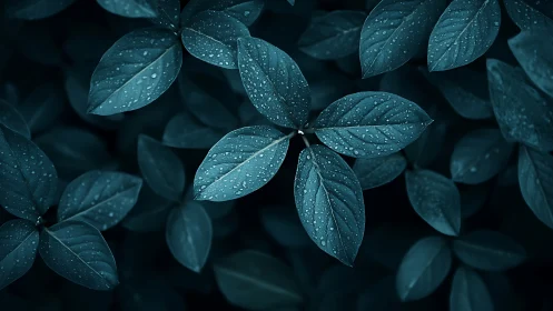 Moody macro capture shows dew-covered leaves in blue tones