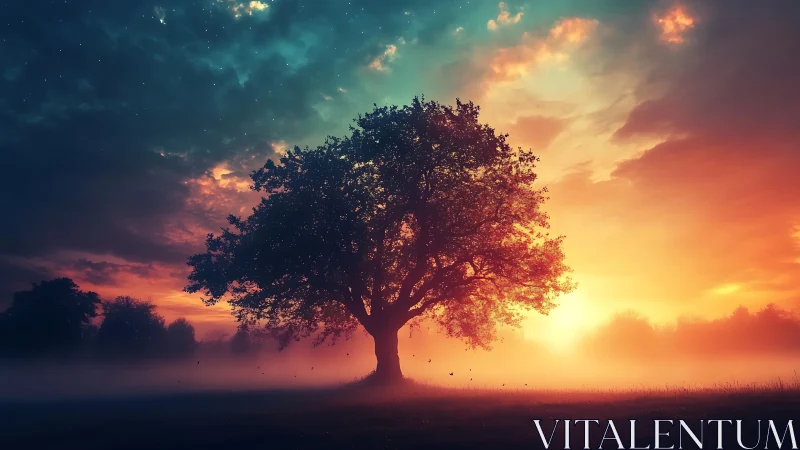 Solitary tree in vivid sunset sky over misty field.