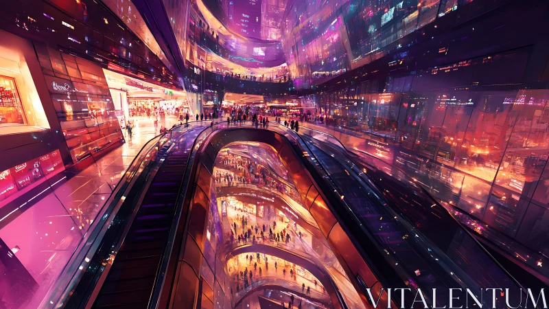 Shimmering futuristic mall glows with lively evening energy