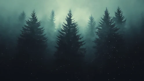 Misty evergreen forest shrouded in teal twilight haze.