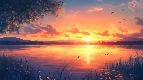 Sunset lake horizon glows with luminous golden reflections.