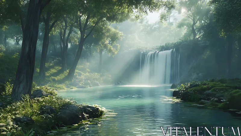 Luminescent Forest Waterfall with Ethereal Light Shaft Rendering