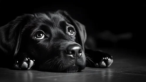 Gazing black labrador rests in dramatic low-key light.